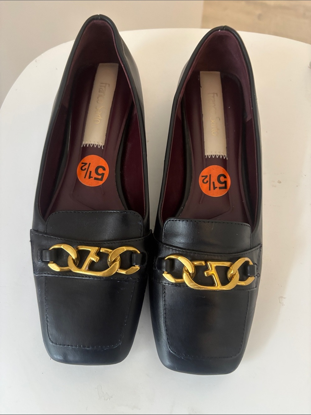 Franco Sarto Black Leather Loafers with Gold Chain Accent